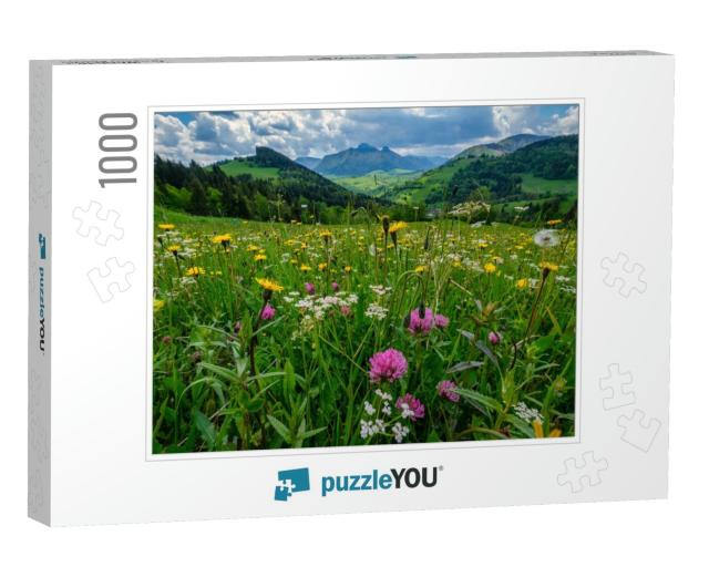 A Meadow Full of Beautiful Mountain Flowers in the Backgr... Jigsaw Puzzle with 1000 pieces
