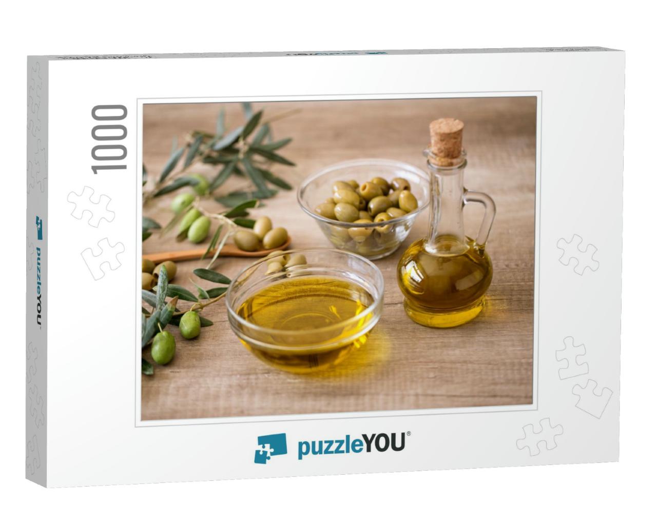 Extra Virgin Healthy Olive Oil with Fresh Olive on Wooden... Jigsaw Puzzle with 1000 pieces