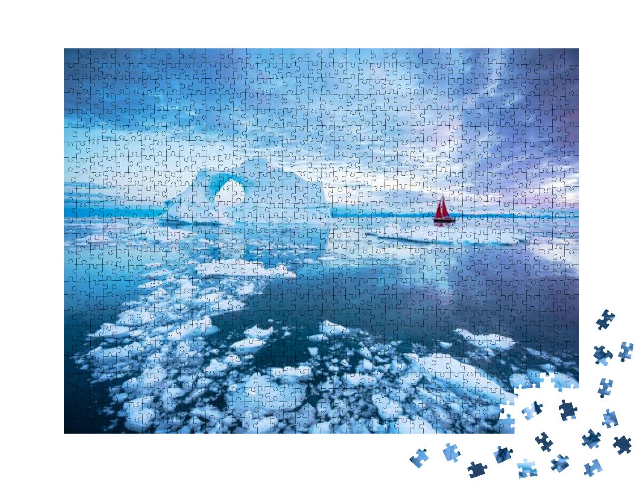 Sail Boat with Red Sails Cruising Next to a Pierced Ice B... Jigsaw Puzzle with 1000 pieces