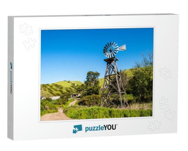 Windmill At Scoprion Ranch on Santa Cruz, Channel Islands... Jigsaw Puzzle