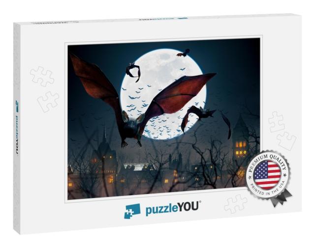 Flying Bats in a Full Moon Scary Night with Trees in a Go... Jigsaw Puzzle
