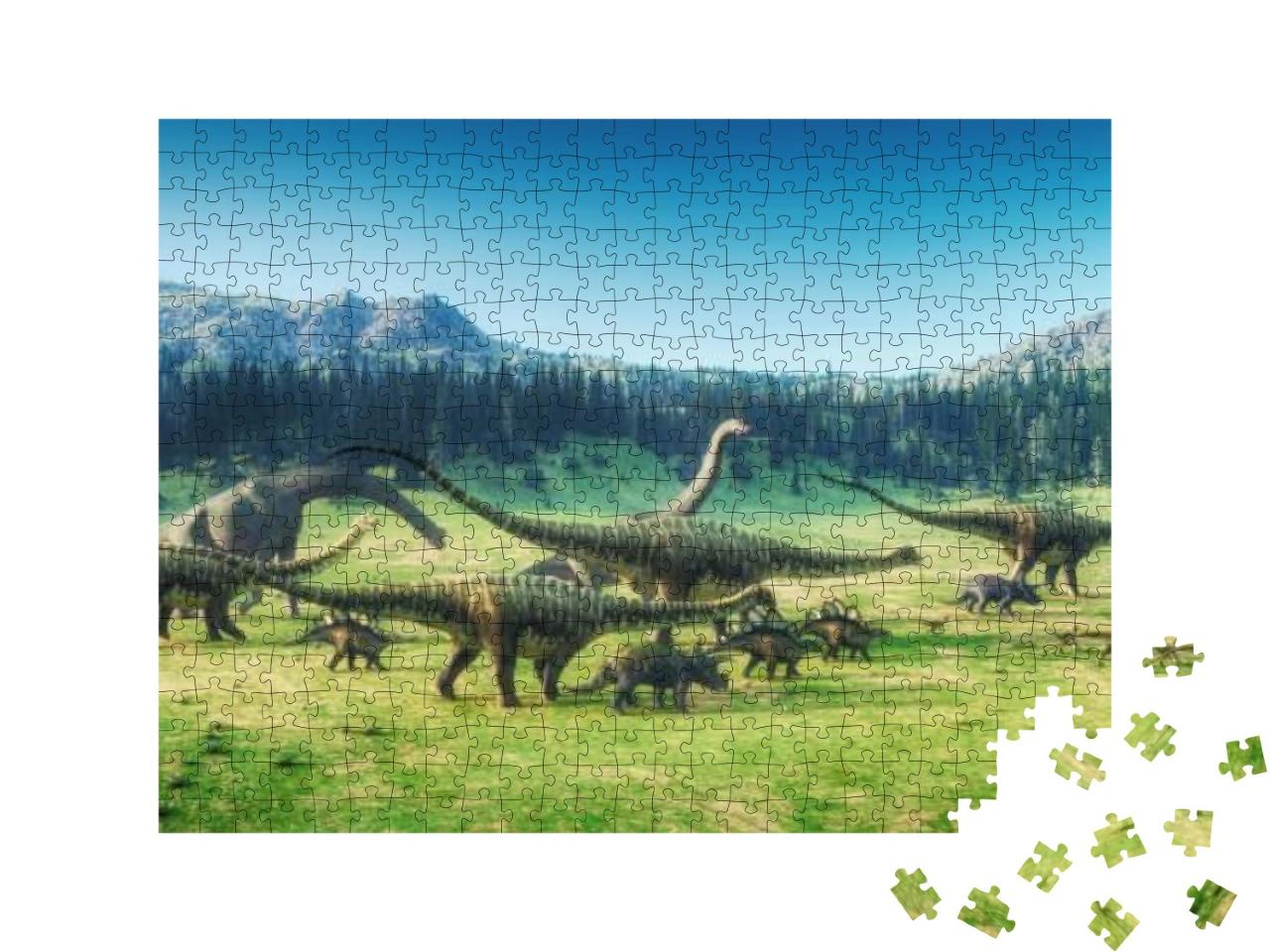 Dinosaurs on the Valley. This is a 3D Render Illustration... Jigsaw Puzzle with 500 pieces