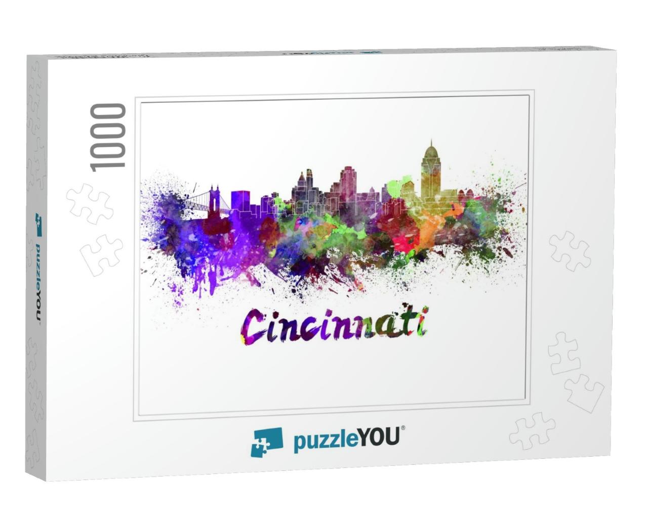 Cincinnati Skyline in Watercolor Splatters with Clipping... Jigsaw Puzzle with 1000 pieces