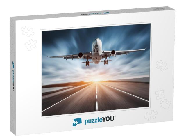 Airplane & Road with Motion Blur Effect At Sunset. Landsc... Jigsaw Puzzle