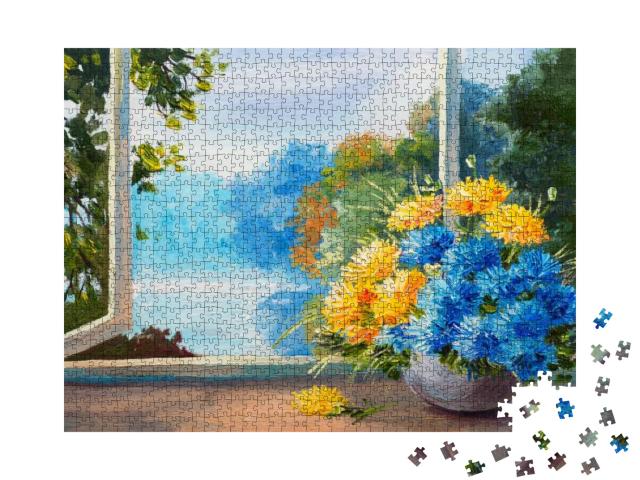 Oil Painting - Bouquet of Spring Flowers on a Table Near... Jigsaw Puzzle with 1000 pieces