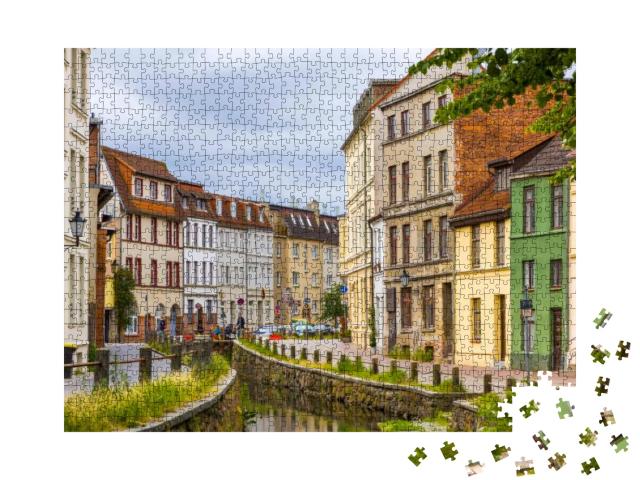 On the Streets of Wismar Old Town. Colorful Houses Along... Jigsaw Puzzle with 1000 pieces