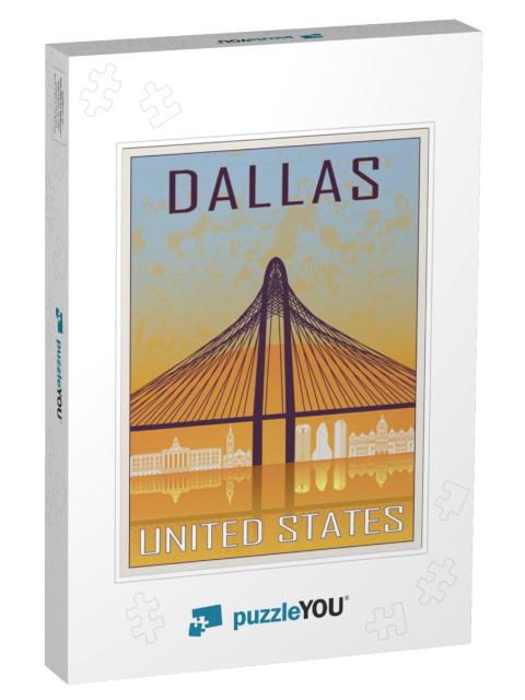 Dallas Vintage Poster in Orange & Blue Textured Backgroun... Jigsaw Puzzle