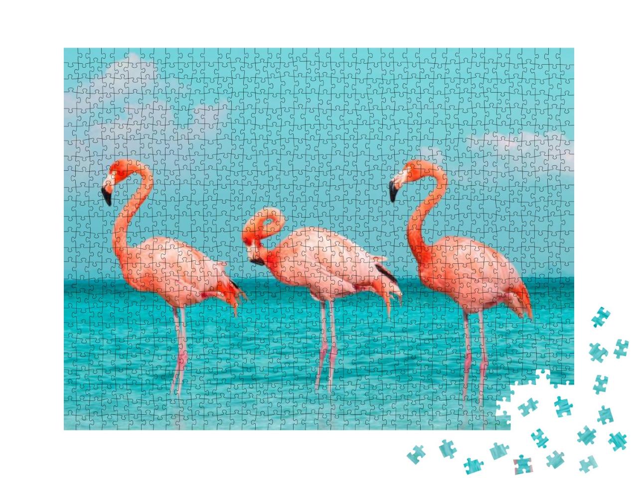 Vintage & Retro Collage Photo of Flamingos Standing in Cl... Jigsaw Puzzle with 1000 pieces