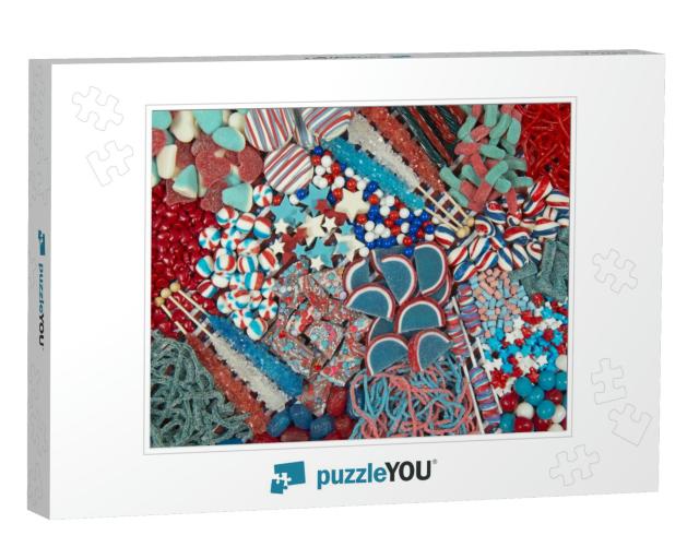 Patriotic Red, White, Blue Candy Photo Collage Jigsaw Puzzle