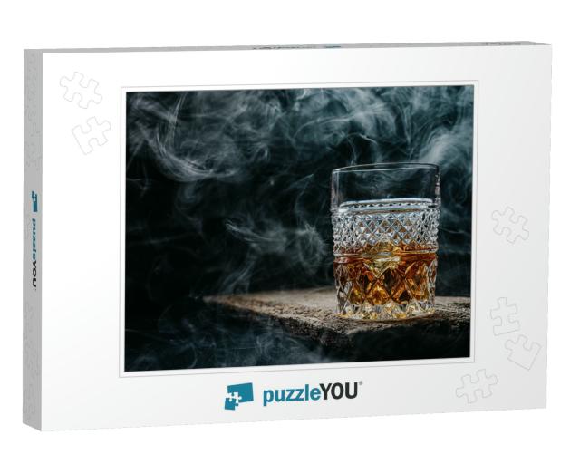Glass of Whiskey with Ice on a Wooden Table Surrounded by... Jigsaw Puzzle