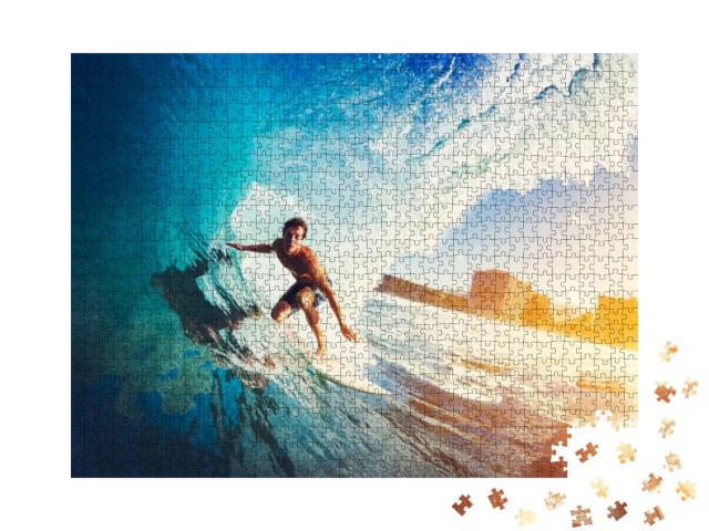 Surfer on Blue Ocean Wave Getting Barreled At Sunrise... Jigsaw Puzzle with 1000 pieces
