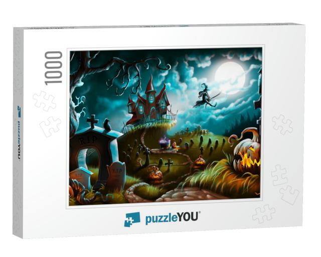 Halloween Night Mystery Graveyard Illustration Background... Jigsaw Puzzle with 1000 pieces
