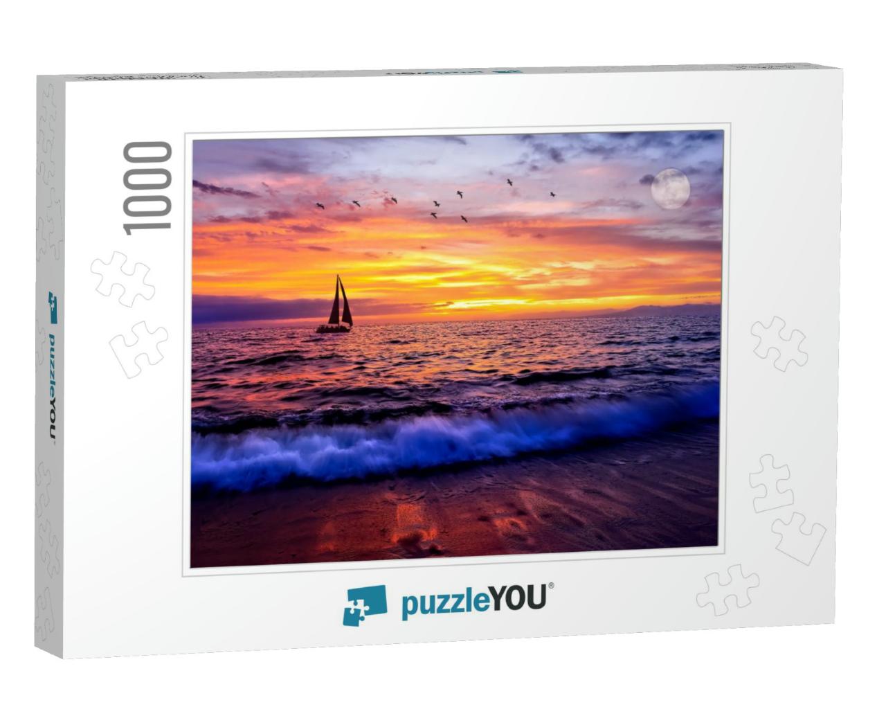 A Beautiful Ocean Sunset with a Colorful Sky as a Wave Ro... Jigsaw Puzzle with 1000 pieces