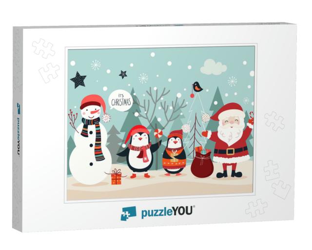Christmas Card with Funny Characters on a Winter Backgrou... Jigsaw Puzzle
