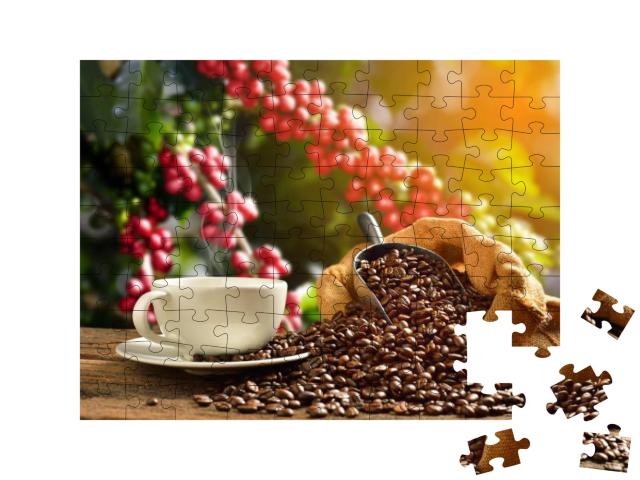 Cup of Coffee with Smoke & Coffee Beans in Burlap Sack on... Jigsaw Puzzle with 100 pieces