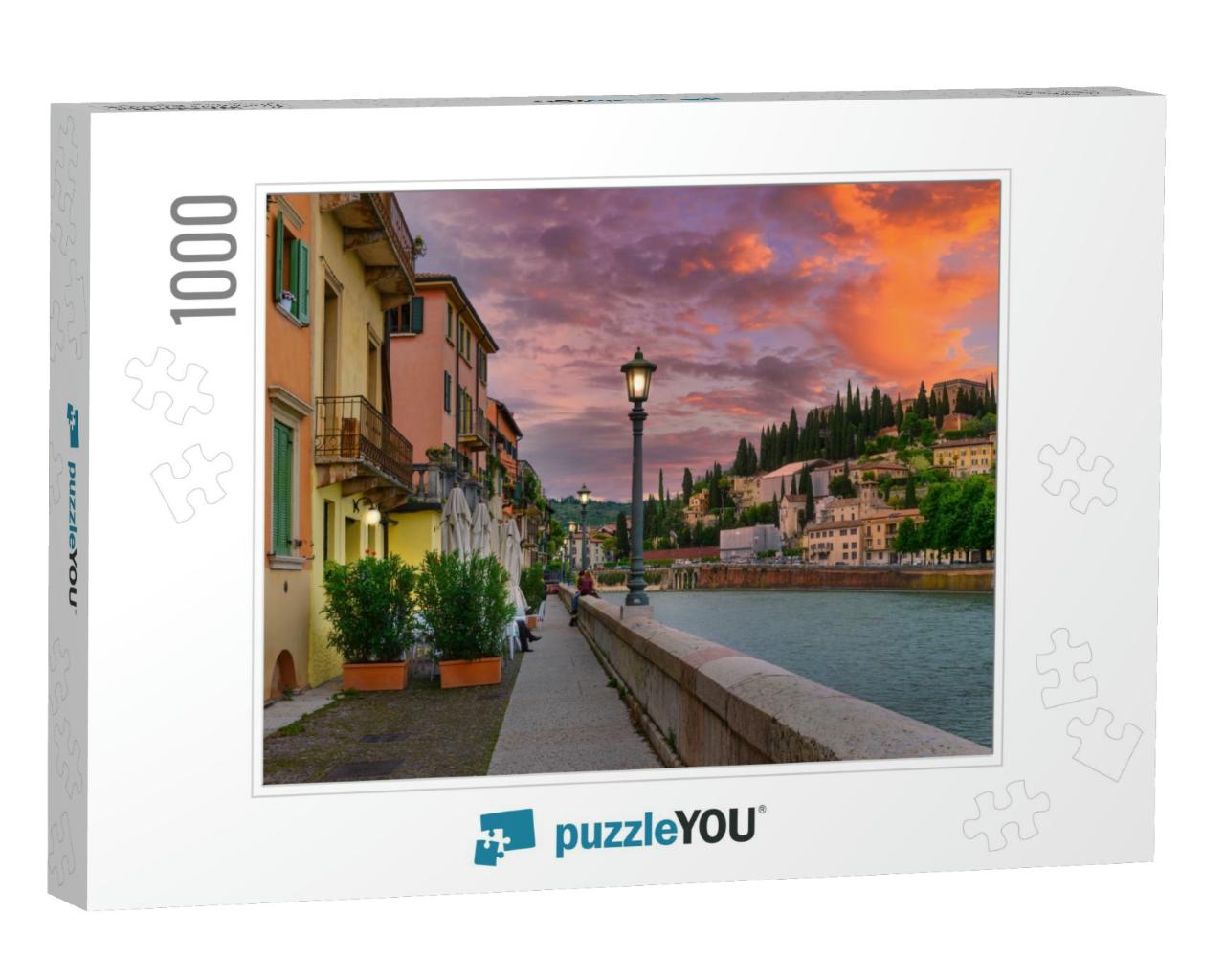 Embankment of Adige River in Verona, Italy. Sunset Citysc... Jigsaw Puzzle with 1000 pieces