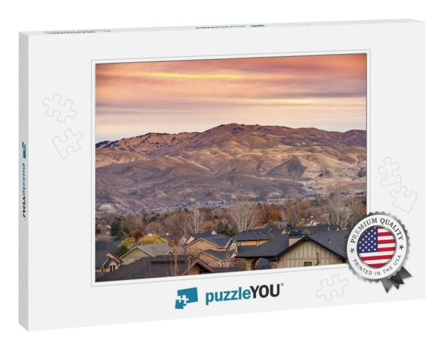 Rooftops of Boise Idaho with Rocky Mountains & Orange & R... Jigsaw Puzzle