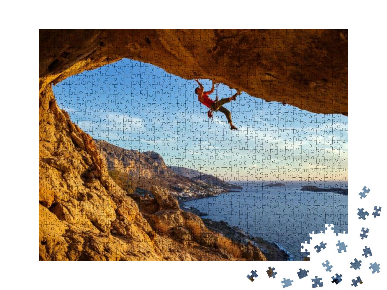 Male Climber on Overhanging Rock Against Beautiful View o... Jigsaw Puzzle with 1000 pieces