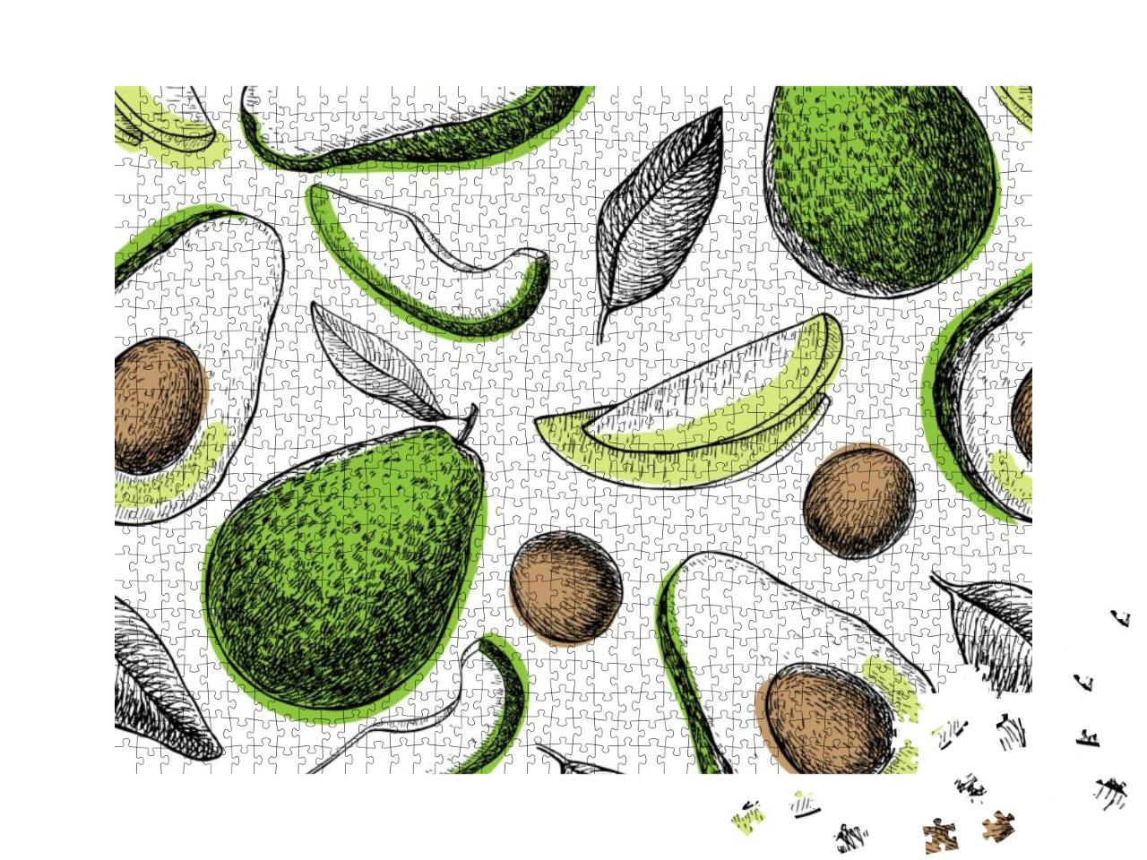 Vector Hand Drawn Avocado Seamless Pattern. Whole Avocado... Jigsaw Puzzle with 1000 pieces