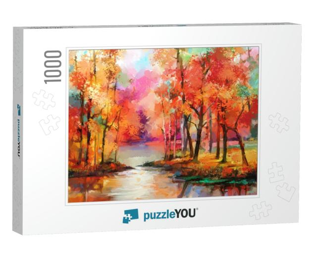 Oil Painting Colorful Autumn Trees. Semi Abstract Image o... Jigsaw Puzzle with 1000 pieces