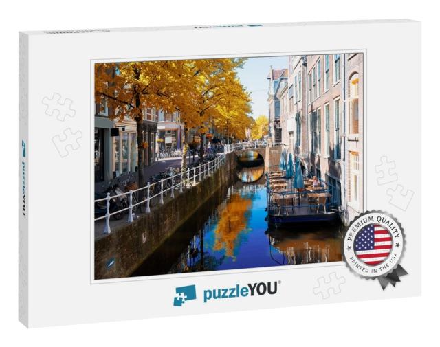 Street with Canal in Delft Old Town in Holland At Fall... Jigsaw Puzzle