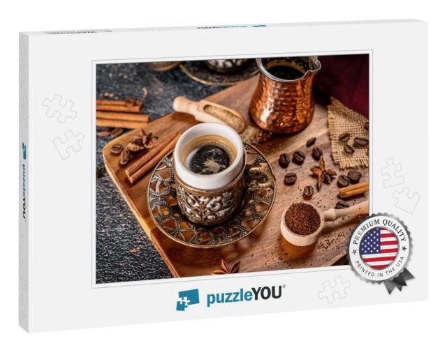 Cup of Turkish Coffee on Black Background with Spices, Co... Jigsaw Puzzle