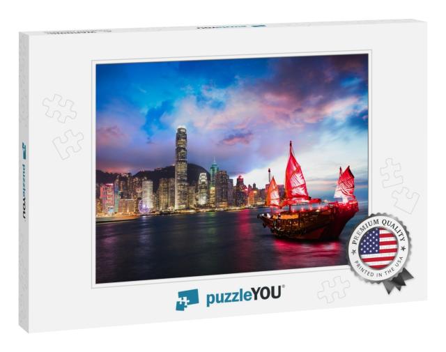 Victoria Harbor Hong Kong Night View with Junk Ship on Fo... Jigsaw Puzzle