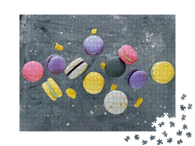 Falling Colorful Macarons Cakes with Raspberries & Bluebe... Jigsaw Puzzle with 1000 pieces