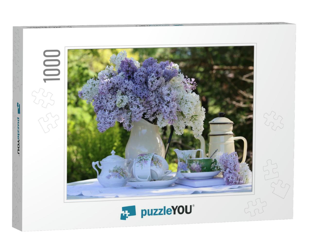 Bouquet, Branches of White & Purple Lilac in Enamel Pitch... Jigsaw Puzzle with 1000 pieces