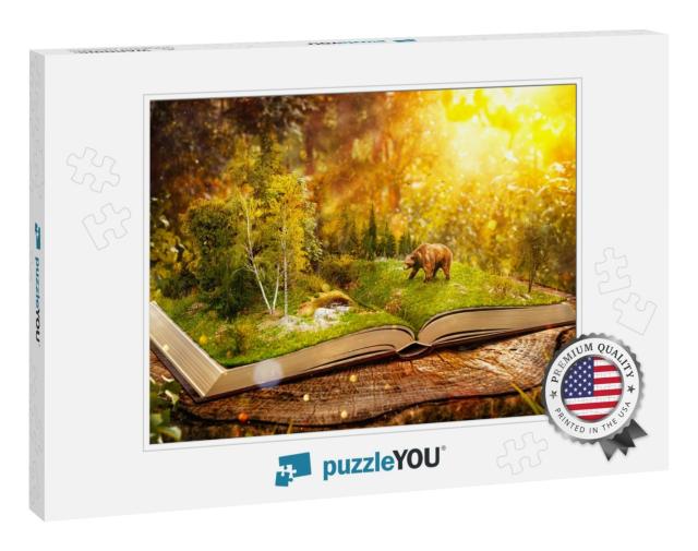 Opened Book with Wild Forest & Bear on Pages. Endangered-... Jigsaw Puzzle