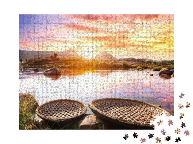 Round Shape Boats on Tungabhadra River At Sunset Sky in H... Jigsaw Puzzle with 1000 pieces