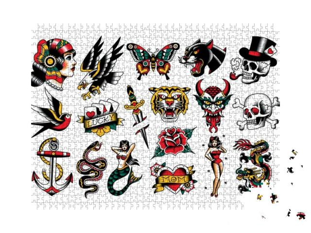 Vector Set of Old School Tattoo Designs... Jigsaw Puzzle with 1000 pieces
