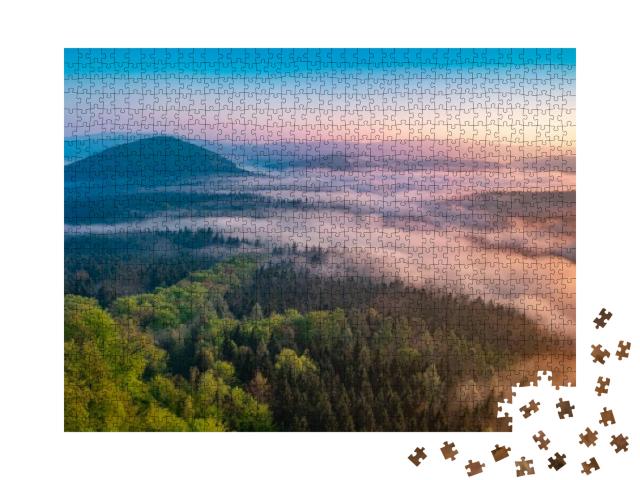 Lazy Misty Morning. Foggy Forest During Autumn Sunrise, S... Jigsaw Puzzle with 1000 pieces