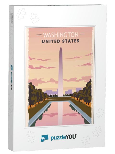 Washington Monument Retro Poster. USA Washington Travel Il... Jigsaw Puzzle