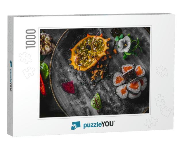 Sushi Roll with Salmon & Rice in Plate... Jigsaw Puzzle with 1000 pieces