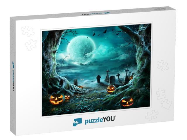 Jack O Lantern in Cemetery in Spooky Night with Full Moon... Jigsaw Puzzle