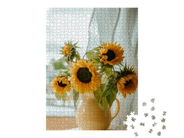 Sunflowers in the Vase on the Windowsill... Jigsaw Puzzle with 1000 pieces