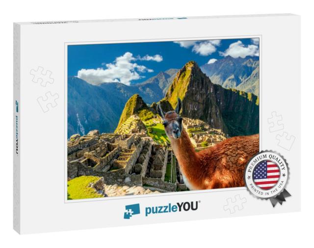 Funny Scene with Llama Standing At Machu Picchu Overlook... Jigsaw Puzzle