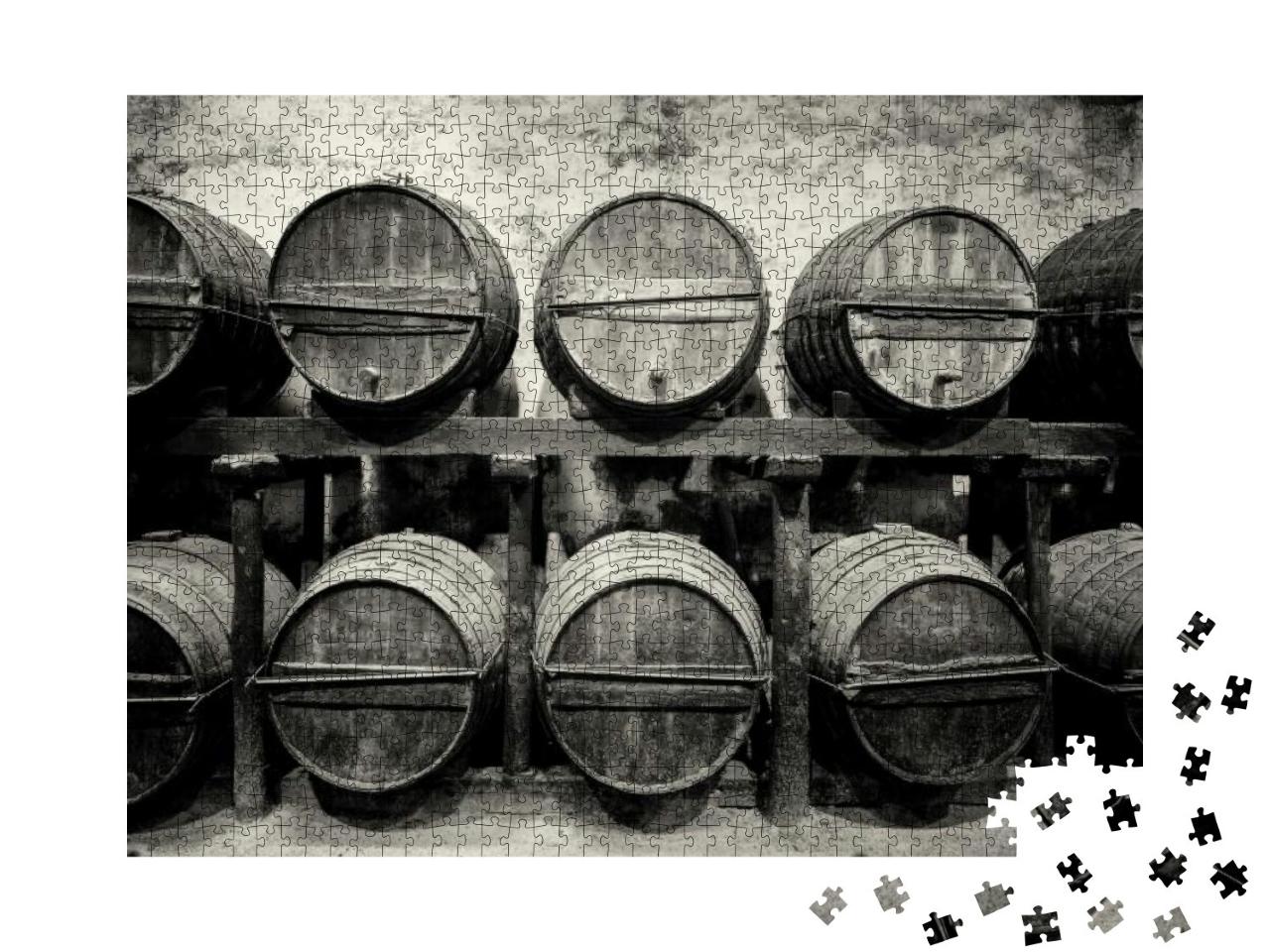 Barrels Stacked in the Winery in Black & White... Jigsaw Puzzle with 1000 pieces