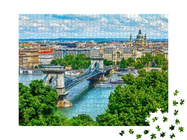 Chain Bridge on Danube River in Budapest City. Hungary. U... Jigsaw Puzzle with 1000 pieces