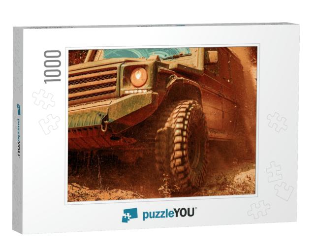 Offroad Vehicle Coming Out of a Mud Hole Hazard. Bottom V... Jigsaw Puzzle with 1000 pieces