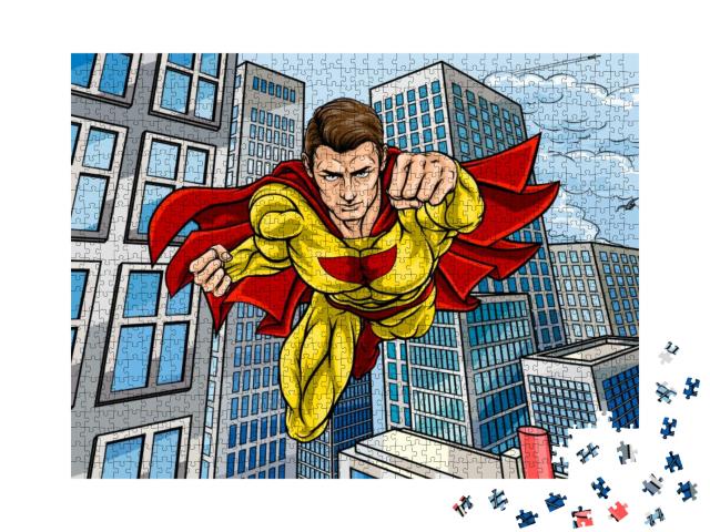 Cartoon Superhero in a Pop Art Comic Book Style Flying Ov... Jigsaw Puzzle with 1000 pieces
