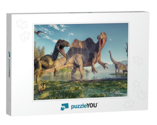 Spinosaurus & Deinonychus in the Jungle. This is a 3D Ren... Jigsaw Puzzle