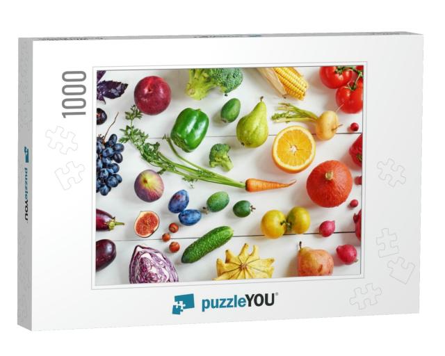 Rainbow Colored Fruits & Vegetables on a White Table. Jui... Jigsaw Puzzle with 1000 pieces