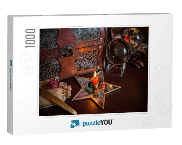 A Fortune Teller, Witch Stuff on a Table, Candles & Fortu... Jigsaw Puzzle with 1000 pieces