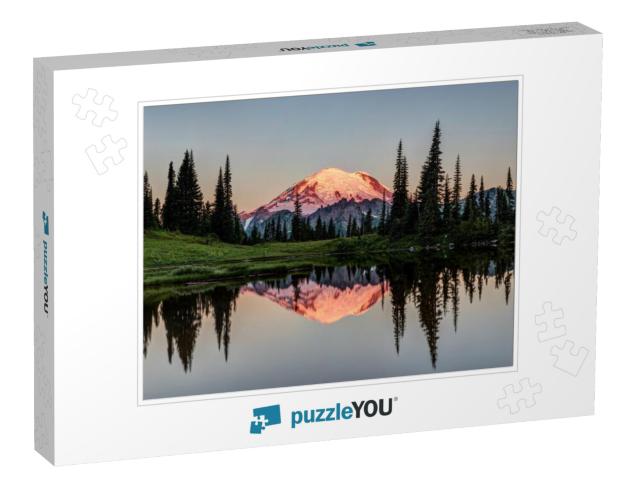 The Glowing Peak of Mount Rainier At Dawn with a Calm Ref... Jigsaw Puzzle