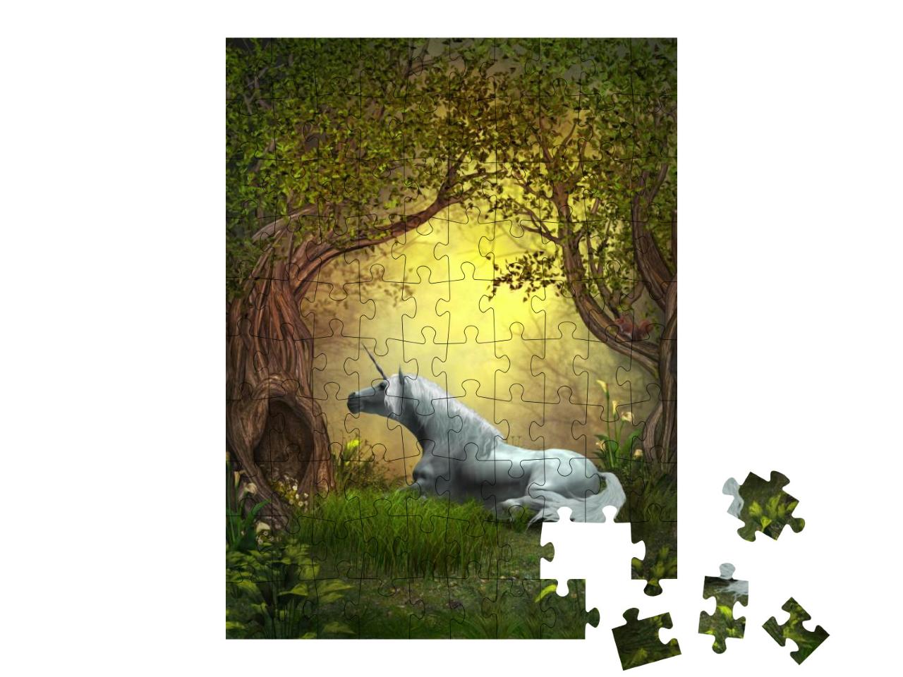 Woodland Unicorn - a Squirrel Watches a White Unicorn Res... Jigsaw Puzzle with 100 pieces