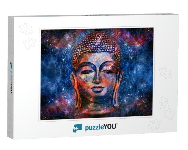 Head of Lord Buddha Digital Art Collage Combined with Wat... Jigsaw Puzzle