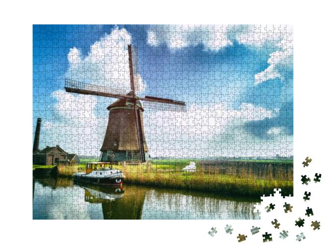 Traditional Dutch Windmill Near the Canal. Netherlands... Jigsaw Puzzle with 1000 pieces