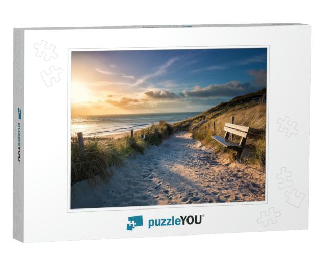 Evening Sunshine Over Bench & Path to Sea Beach, Holland... Jigsaw Puzzle